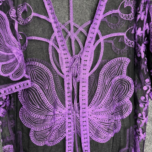 WoWo Kimono Womens XL‎ Purple Floral Embroidered Butterfly Whimsigoth Cover Up - Picture 7 of 9